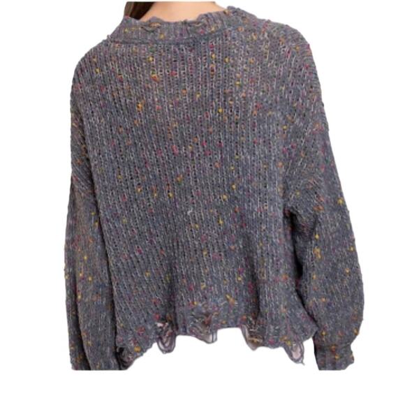 POL Distressed Sweater Small | Gray Ripped Sweater with Rainbow Confetti Detail - Picture 3 of 16